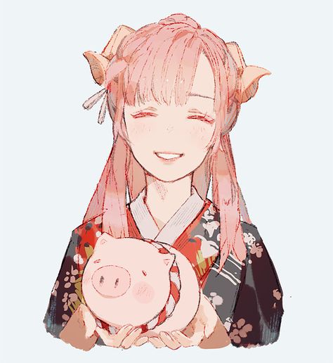 happy new year, Jiayue Wu on ArtStation at https://www.artstation.com/artwork/nQJGbE Pig Anime, Crystal Tokyo, Tokyo Aesthetic, Pig Girl, Pig Drawing, Pig Character, Pig Art, Art Mignon, Year Of The Pig