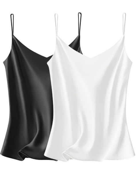 PRICES MAY VARY. We updated our classic satin v-neck camisoles, which will be more suitable for more women. Material: This cami top for women is made of high quality satin fabric which is super soft and silk. Absorbent quality, quick-drying, luxurious look and feel. Design: Alluring V-Neck cami top with adjustable spaghetti straps leak the back of half to enhance feminie, and this satin top for women give the look of really silk, soft, simple but fashional design perfectly shows full of your cha White Camisole Outfit, Silk Tops For Women, Sleeveless Blouses, Satin Cami Top, Satin Tank Top, Loose Tank Tops, Womens Camisoles, Strap Tank Top, Satin Cami