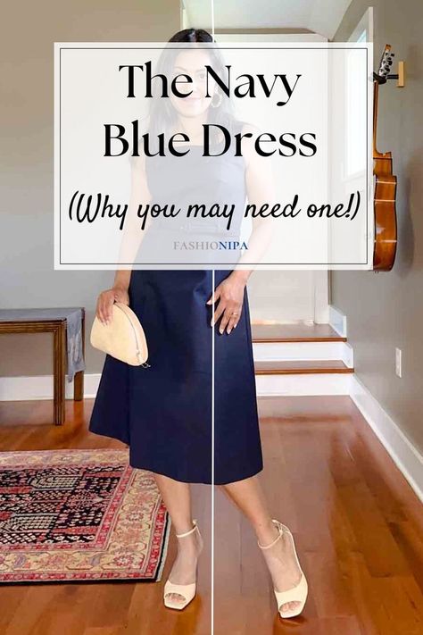 Image of a woman in a navy blue dress, holding a semi-circle shaped handbag and wearing bisque colored sandals.  The text overlay reads"The Navy Blue Dress (Why you may need one!) Navy Maxi Dress Outfit, Navy Blue And Cream Outfit, Navy Blue Dress Outfit Casual, Navy Dress Accessories, Navy Blue Dress Accessories, Navy Dress Outfit, Navy Blue Dress Outfit, Sheath Dress Outfit, Dark Blue Midi Dress