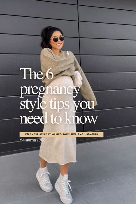 Looking for maternity style tips? Here are the must-know 6 pregnancy style tips you need to feel confident. Mens Outfit For Maternity Photos, Bump Fashion Fall, Maternity Style Fall Winter, Fashion Maternity Outfits, How To Pose When Pregnant, Pregnant Sweater Outfits, 6 Month Pregnant Outfits, Cute Pregnancy Fall Outfits, Satin Skirt Pregnancy Outfit