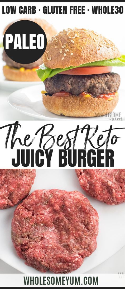 The juiciest burgers ever -Learn how to make juicy burgers on the stove or on the grill, perfectly every time. This juicy burger recipe makes the best grill or stovetop burgers, thanks to 2 secret ingredients, plus prep & cooking tips! Low Sodium Burgers, Clean Burger Recipes, Low Carb Hamburger Patty Recipes, Keto Hamburger Patty Recipes, Keto Beef Patties, Keto Hamburger Patties, Healthy Beef Burger Recipes, Keto Burgers Ground Beef, Paleo Burger Recipe