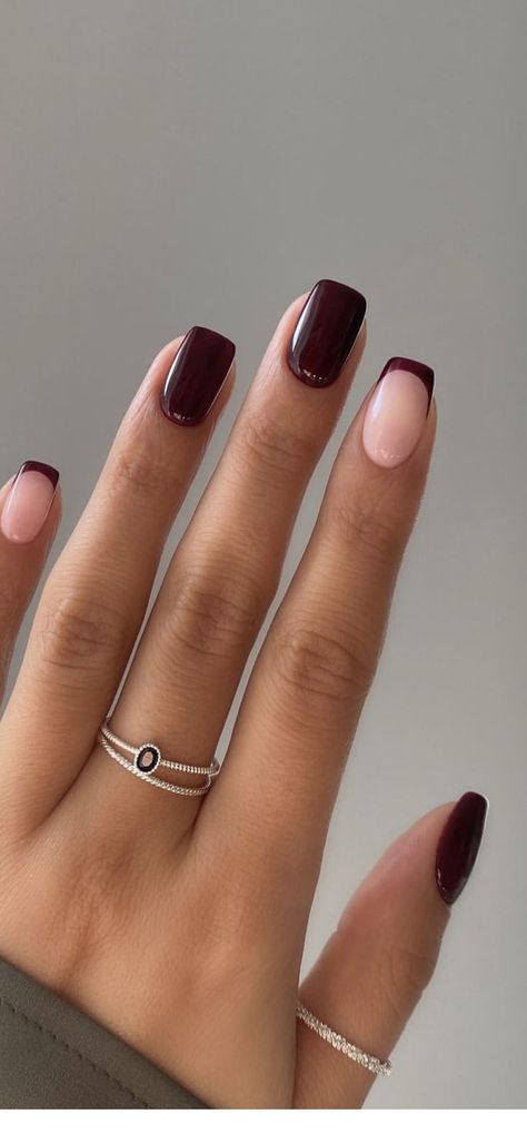 Simple Gel Nails Designs Shorts, Short Fall Nails Burgundy, Short Winter Nails Simple, Burgundy Nails Square Short, Winter Nails Squoval, Autumn Nails Round, Classy Nude Nails Square Short, Short France Nails, Short Bridesmaid Nails