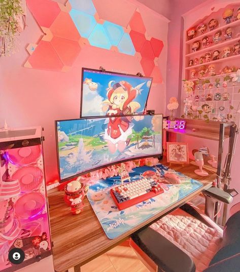 Room With Gaming Setup, Genshin Gaming Setup, Yellow Gaming Setup, Gaming Setup Bedroom, Gaming Bedroom Ideas, Hello Kitty Room, Video Game Room Decor, Nintendo Lite, Games Room Inspiration