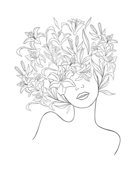 Flower Head Art, Temporary Tattoos Diy, Head Of Flowers, Flowers Line Art, Flower Woman, Line Art Flowers, Printable Flower, Art Female, Tattoo Girl