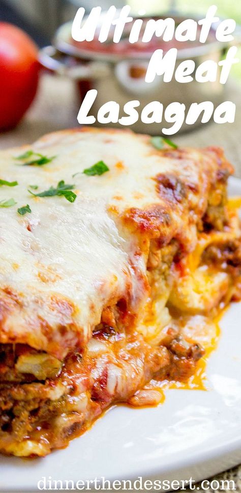 Ultimate Meat Lasagna with four cheeses, a homemade marinara sauce and a few quick chef tricks will make you feel like you've ordered lasagna at your favorite Italian Restaurant. Meaty Lasagna, Lasagna Recipe With Ricotta, Vegetarian Lasagna Recipe, Dude Food, Homemade Marinara Sauce, Meat Lasagna, Easy Lasagna Recipe, Meat Sauce Recipes, Cheese Lasagna