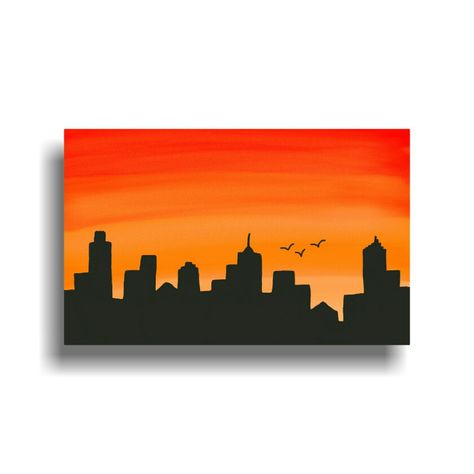 Aesthetic Sky Drawing Easy, Buildings Painting Easy, Watercolor Drawing Landscape Easy, Sunset Painting Ideas Easy Simple, Sunset Scenery Painting Easy, Sunset Building Painting, Sunset Small Canvas, Canvas Painting Ideas Aesthetic Scenery, Building Landscape Drawing