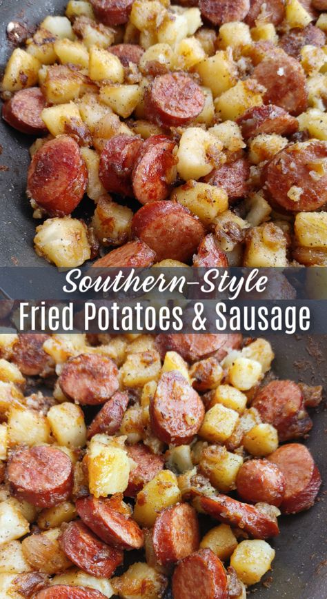 Southern Fried Potatoes & Sausage! A simple budget-friendly recipe for a one-pan skillet meal with smoked sausage, onions and southern-style fried potatoes. Essen, Fried Potatoes And Sausage, Southern Fried Potatoes, Smoked Sausage And Potato Recipe, Potatoes And Sausage, Sausage Recipes For Dinner, Smoked Sausage Recipes, Sausage Dinner, Kielbasa Recipes