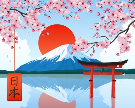 Illustration De Paysage Du Japon Vecteur... | Free Vector #Freepik #freevector #arbre Japanese Background, Japan Image, Zestaw Ikon, Fuji Mountain, Monte Fuji, Japan Illustration, Japan Landscape, Japan Painting, Mont Fuji