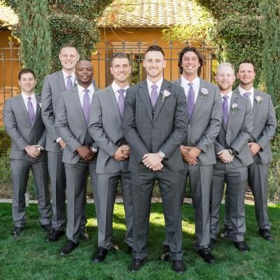 Groom and groomsmen in grey tuxedos and light purple ties | Leslie Ann Photography | villasiena.cc Purple Groomsmen, Suits And Ties, Light Purple Wedding, Gray Groomsmen Suits, Groomsmen Wedding Photos, Lavender Wedding Theme, Gray Wedding Colors, Grey Suit Wedding, Groomsmen Grey