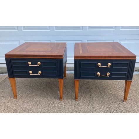 Gorgeous Walnut Burlwood Inlay on the tops of this set of Classic side tables.  Newly refinished walnut tops and legs.  Body of tables newly painted in Benjamin Moore Black Satin. Gold accented hardware original in keeping with its Mid Century style. Dovetail joint Drawers slide smoothly.  Solid quality set. Sold as a set.  Shipping additional End Table Renovation, Refurbished Vintage End Tables, Hand Painted Side Table, Mcm End Table Makeover, End Table Flip Ideas, Refinished End Tables, Classic Side Table, Table Flip, Painted End Tables