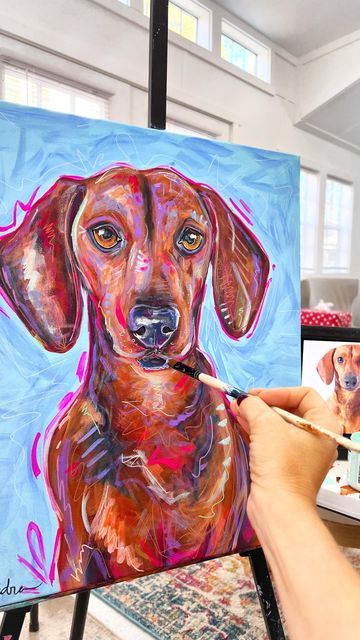 Dachshund Dog Drawing, Dog Abstract Painting, Dachshund Painting Easy, Daschund Painting Easy, Sausage Dog Painting Easy, Weiner Dog Painting, Dog Art Diy, Sausage Dog Illustration, Dachshund Painting Acrylics