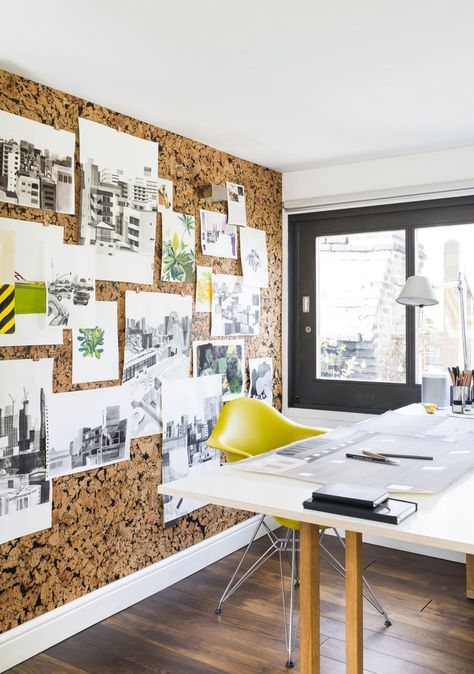 How to make a cork board wall: make working from home practical | Real Homes Cork Board Office Wall, Pinboard Wall Ideas, Framed Cork Board Wall Ideas, Floor To Ceiling Cork Board, Cork On Walls, Cork Board Door, Photo Collage Wall Cork Board, Cork Walls Office, Corkboard Wall Office