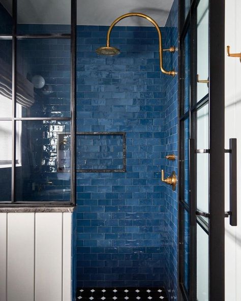 Coastal New England Home, Drømme Bad, Blue Shower Tile, Dark Blue Tile, Blue Bathroom Tile, New England Homes, Inspire Me Home Decor, Bathroom Inspiration Decor, Interior Renovation