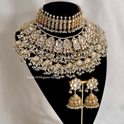 A beautiful bridal set named after our bride Kamal. This gorgeous 4-piece set comes with a choker, necklace, jhumki earrings, and a tikka. We have been loving the stacked necklace look this wedding season ⚜️ Message Touch Of Elegance to bring your vision to life ⚜️ #bridaljewellery #torontobrides #indianbridaljewellery #punjabiwedding #pakistanijewellery #pachikundan Bridal Jwellery Trending 2024, Jewelry Room, Unique Wedding Jewelry, Bridal Jewelry Sets Brides, Wedding Jewelry Sets Bridal Jewellery, Indian Wedding Jewelry Sets, Indian Accessories, Indian Bridal Jewelry Sets, Bridal Jewellery Design