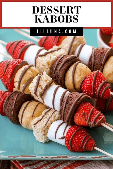 Dessert Kabobs are a simple and delicious way to serve several "mini" treats at once. They are perfect for parties, BBQs and every day! #dessertkabobs #desserts #kabobs #strawberryandbrownies #ricekrispies Dessert Kabobs, Dessert Skewers, Finger Food Desserts, Finger Desserts, Homemade Chocolate Truffles, Kabob Skewers, Cheesecake Cups, Kabob Recipes, Fruit Kabobs