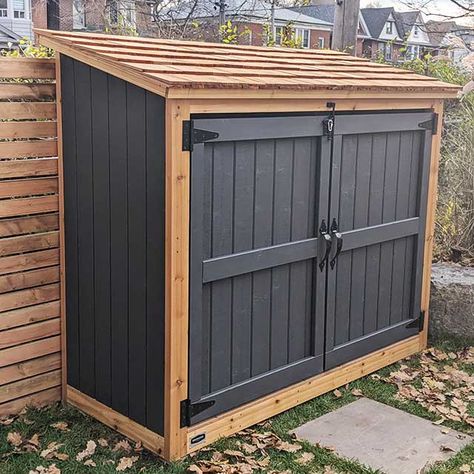 Redwood Sheds | Sheds for Garbage Bins, Recycling Bins and Green Bins - Large Cedar/Pine Shed - Cedar Roof Garbage Recycling Storage Outdoor, Shed For Garbage Cans, Garbage Shed Ideas, Patio Storage Shed, Small Backyard Zeroscape Ideas, Trash Can Shed Outdoor, Garden Bin Storage, Alley Driveway Ideas, Outside Garbage Can Storage