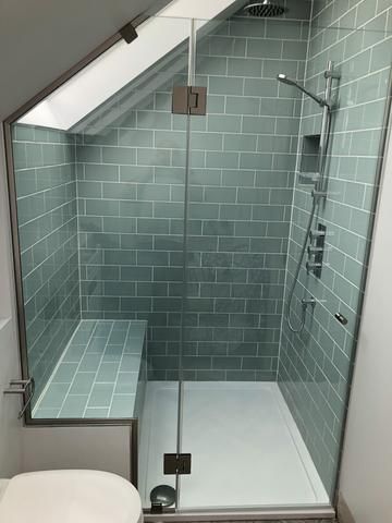 Small Shower Room Sloped Ceiling, Shower Attic Bathroom, Glass Shower Door Attic, Loft Conversion Shower Room, En Suite Attic Bathroom, Bathroom Sloped Roof, Shower In Attic Space, Attic Shower Ideas, Loft Conversion Shower Room Ideas