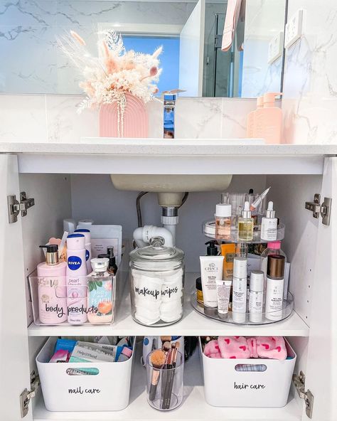 SonyaMeares on Instagram: “Just update my bathroom cupboard as the skincare side just didn’t work properly, it’s ok to live with what you did and if it doesn’t…” Under Bathroom Sink, Under The Sink Organization, Bathroom Under Sink, Organized Bathroom, Bathroom Sink Organization, Bathroom Cupboard, Bathroom Sink Storage, Bathroom Cabinet Organization, House Organisation