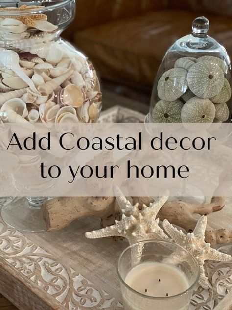 Coastal Countertops, Coastal Coffee Table Decor, Beachy Centerpieces, Coastal Mantle Decor, Beach Fireplace, Coastal Dining Table, Coastal Coffee Table, Front Porch Decorating Ideas, Coffee Table Vignettes