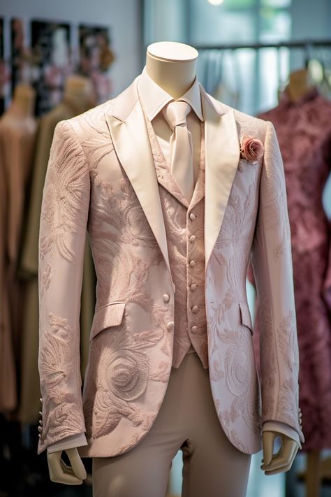 Rose flower inspired suit Bridgerton Groom Suit, Pink Suit Men Aesthetic, Pink Wedding Suits For Men, Rose Gold Suit Men, Pink Suit Men Wedding, Bridgerton Suit, Rapunzel Prom, Korean Prom, Baju Wedding