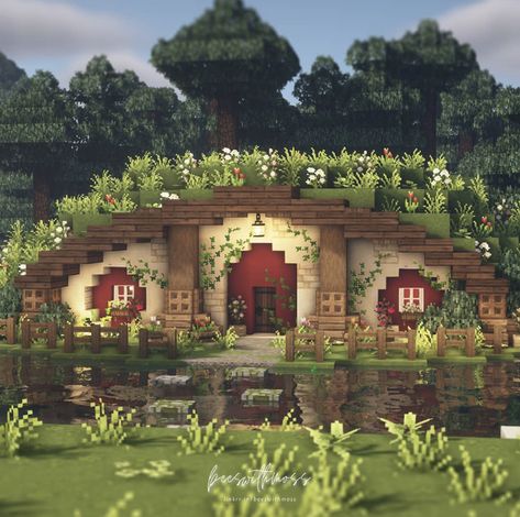 Survival Minecraft Cottage, Minecraft Hobbit Houses Mountain, Minecraft Houses With Brick, Minecraft Houses In A Hill, Minecraft Grass Roof House, Hobbit Hill House Minecraft, Hole In Mountain House Minecraft, Aesthetic Minecraft Hobbit Hole, Cute Minecraft Hill House