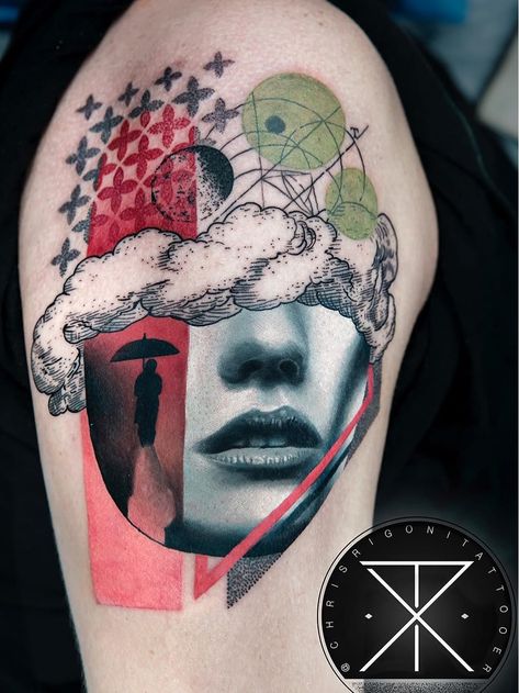 Tattoo by Chris Rigoni #ChrisRigoni #realism #realistic #hyperrealism #blackandgrey #color #abstract #shapes #mashup #portrait #lady #ladyhead #cloud #rain #umbrella #pattern #ornamental #illustrative | Jun 12th 2018 | 563717 Mashup Tattoo, Ornamental Tattoos, Umbrella Pattern, Cyberpunk Tattoo, Cloud Rain, Worlds Best Tattoos, Tattoo Now, Tattoo Equipment, World Tattoo