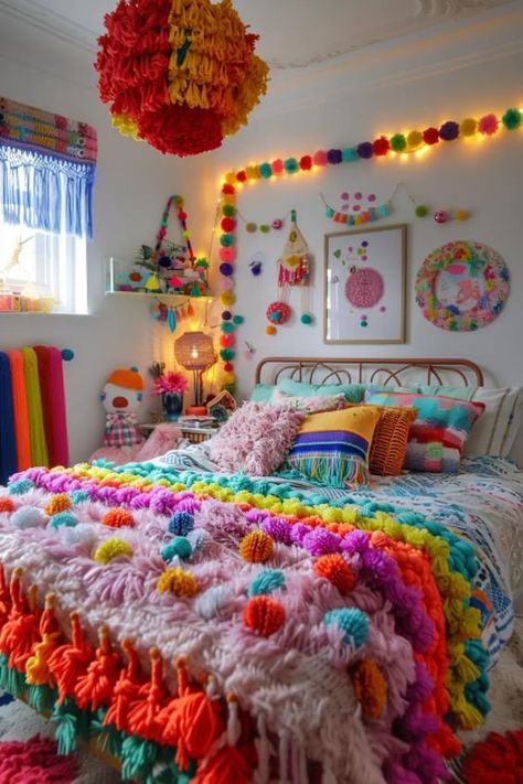 Cheer up your space with rainbow pom-pom decor. So cute and fluffy! Click to discover more adorable decor ideas. Pom Pom Decorations Bedroom, Colorful Girls Bedroom, Boho Style Bedroom Decor, Dorm Room Chairs, Colorful Rooms, Fun Bedroom, Pom Pom Decor, Bright Bedroom, Colorful Room Decor