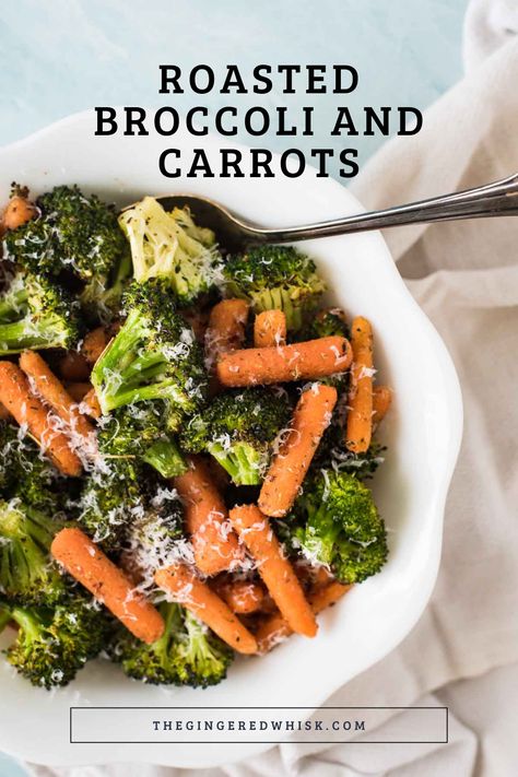 Roasted broccoli and carrots is a perfect weeknight side dish. Broccoli florets and baby carrots are roasted to perfection with herbs and topped with fresh parmesan cheese. A family favorite! Sides With Broccoli, Broccoli Mixed Vegetables, Baked Carrots And Broccoli, Fancy Broccoli Side Dish, Carrot Broccoli Recipes, Roasted Broccoli Cauliflower And Carrots, Roasted Carrots And Broccoli Oven, Oven Roasted Broccoli And Carrots, Broccoli Carrot Recipe