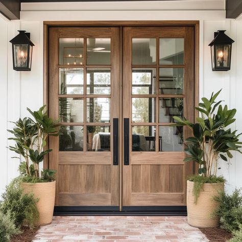 Handcrafted, custom, solid hardwood and glass doors and vanities built by American craftsmen. Glass Double Front Door, Double Wood Front Doors, Double Doors Exterior, Custom Front Doors, Double Door Design, Double Front Doors, Wood Front Doors, Wood Door, Glass Doors