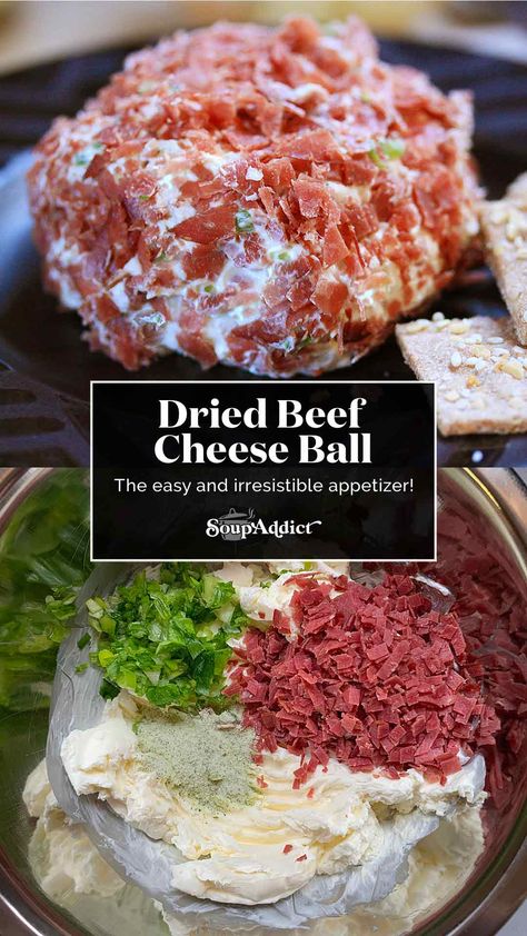 Discover the perfect party food with our savory Dried Beef Cheese Ball appetizer! This easy-to-make crowd-pleaser will impress your guests and it will be the first appetizer to disappear from the table. Perfect for holiday and game day gatherings. Get the recipe at SoupAddict.com. Cheese Ball Beef Green Onions, Dried Beef Appetizers, Corn Beef Cheese Ball Recipe, Classic Cheese Ball Recipe, Cream Cheese Dried Beef Cheese Ball, Cream Cheese And Dried Beef Cheese Ball, Cheese Ball With Accent Salt, Cheese Ball With Dried Beef Green Onions, Dry Beef Cheese Ball Recipes