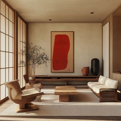 AI room design by @starlacampbellhome Fusion of mid-century modern and Japandi style. Neutral tonal furnishings with Asian/organic modern accents. #virtualinteriordesignservices #midcenturyfurniture #japandiinterior #aidesign #starlacampbellhome #avldesigner #srqdesign #srqdesigner Japan Mid Century Modern, Mid Century Zen, Japandi And Mid Century, Japandi Art Deco, Mid Century Japanese Interior, Asian Apartment Aesthetic, Japandi Maximalist, Modern Orientalism Interior, Asian Interior Design Living Room