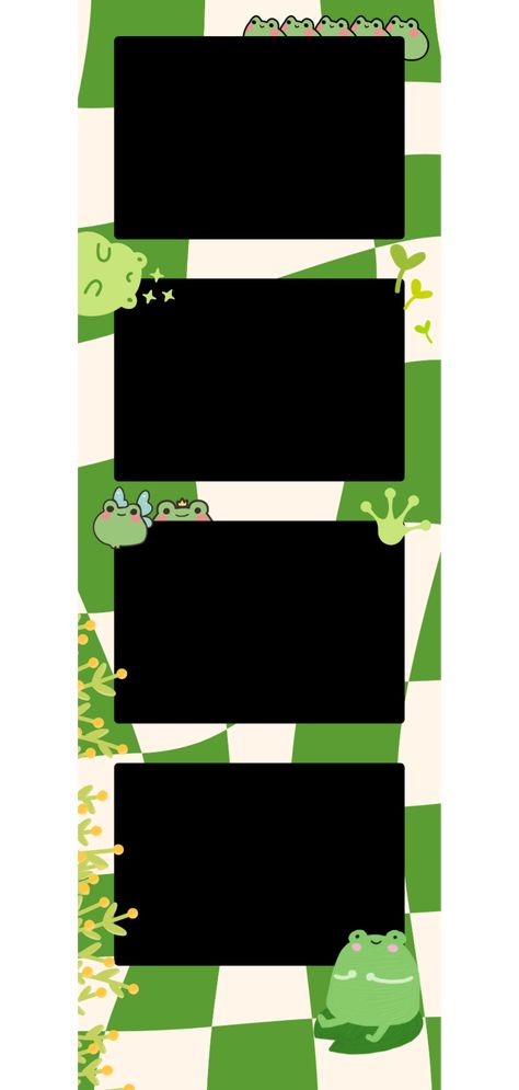 A photo strip template of frog illustration designs with a green checkered background. Polaroid Strip Template, Photo Strips Template, Photo Strip Template Aesthetic, Canva Birthday Template, Photo Strip Aesthetic, Photostrip Template Png, Photobooth Strip Template, Photo Strip Ideas, Photo Template Aesthetic