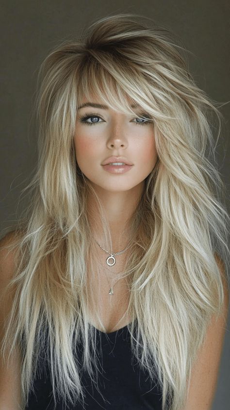 Blonde Shag Haircuts: 18 Trendy Ideas to Refresh Your Look Shaggy Womans Haircut, Glam Shag Hair, Long Blonde Fine Hair With Layers, Rocker Blonde Hair, Fine Layered Hair Long, Extra Layered Hair, Blonde Hair Color Ideas With Bangs, Shaggy Long Haircut, Shaggy Women’s Haircuts