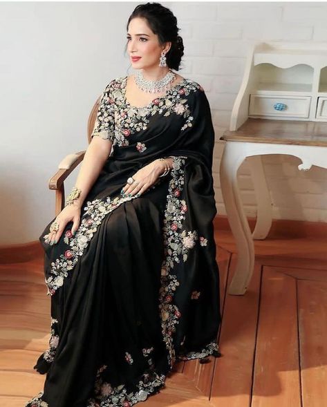 Cash On Delivery Available In India ❣️. *🌿Black Sargam Sarees 🌿* *Price : 1999/-*😍 📝*Description*📝 Looking some one for this same colour beautiful Saree for wedding on premium Soft Georgette fabric with C-pallu All Over Embroidery Work Butti & Cutwork Border and Hevay Embroidery Work blouse. 🥻🥻 *Saree*🥻🥻 Fabric. :- Georgette Work :- Embroidery Cut :- 5.5 mtr *👚👚Blouse * 👚👚 Fabric. :- Mono Banglory silk Work :- Heavy Embroidery Cut. :- 1.20 mtr (Un-stitch) *Full stock available* ... Saree Prom, Black Colour Saree, Black Saree Designs, Black Party Wear, Fancy Saree, Simple Kurti Designs, Party Sarees, Fashion Design Collection, Embroidered Border