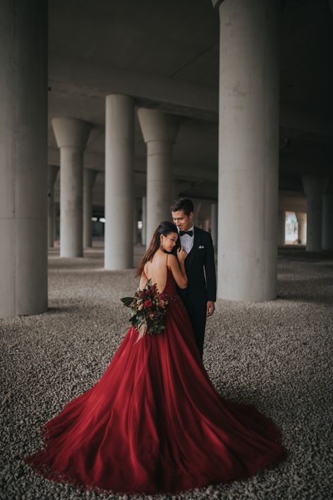 A sultry wine red ballgown featuring a gorgeous low back to complete the bold look Pre Wedding Videos, بيوت ملكية, Red Wedding Gowns, Pre Wedding Photoshoot Props, Pre Wedding Photoshoot Outfit, Wedding Photoshoot Props, Wedding Portrait Poses, Wedding Gown Inspiration, Red Wedding Dress