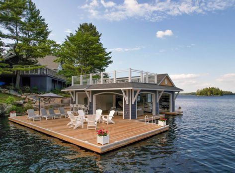 Beach House With Boat Dock, Muskoka Boathouse, Duffy Boat, Lake House Dock, Dock Storage, Dock Design, Boathouse Design, Lake Muskoka, Beach Cottage Exterior