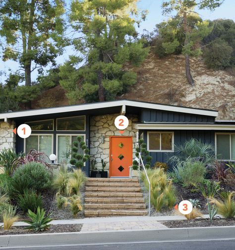 Curb Appeal Ideas From Retro Ranch Houses — HGTV Magazine 1950s Mid Century Modern Home Exterior, Ranch House Front Porch, Ranch Front Porch Ideas, Mid Century Curb Appeal, Retro House Exterior, 70s Home Exterior, Mid Century Modern Exterior Paint, Ranch Curb Appeal, Mid Century Modern Homes Exterior