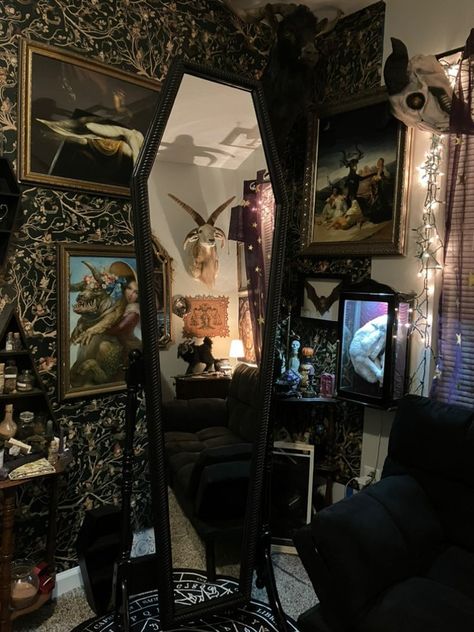 Just Buried Co. Goth Bedroom Furniture, Vampire Aesthetic Room Decor, Coffin Bed Aesthetic, Goth Vanity Decor, Goth Mirror, Vampire Mirror, Gothic Folding Mirror, Coffin Mirror, Gothic Rooms