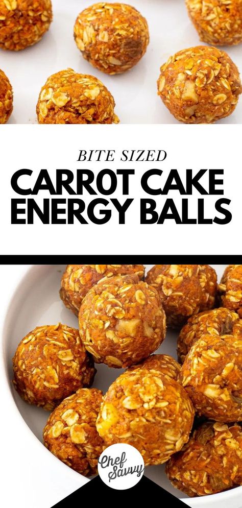 Save this Easy Healthy No Bake Carrot Cake Energy Bites Recipe! Carrot Cake Energy Balls are a nutritious snack that blends the sweet, spiced flavors of carrot cake into convenient, bite-sized treats! Packed with shredded carrots, nuts, and oats, these energy balls offer a guilt-free indulgence that captures the essence of carrot cake in a wholesome form! Follow Chef Savvy for more dessert recipes! Afternoon Snacks For Guests, Carrot Cake Energy Balls, Heart Healthy Desserts, Energy Bites Healthy, Healthy Carrot Cake, Energy Balls Healthy, Healthy Hacks, Healthy Afternoon Snacks, Energy Bites Recipes