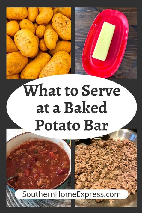 Baked Potato Bar Sides Appetizers, Hot Potato Bar Ideas, Meals That Feed A Lot Of People, Baked Potato Fundraiser, Bake Potatoe Bar For A Crowd, Backed Potatoe Bar Ideas, Chili For Baked Potato Bar, Chili Recipe For Baked Potato Bar, Potatoe Bar Toppings