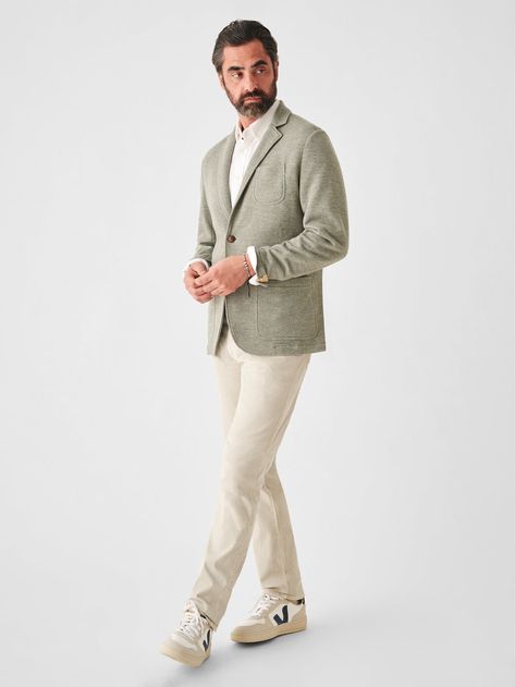 Olive Blazer Outfit, Blue Blazer Outfit Men, Green Blazer Outfit, Cream Pant, Blue Blazer Outfit, Olive Blazer, White Long Sleeves, Cream Pants, Olive Green Jacket