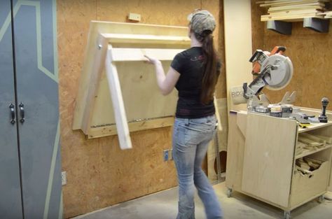 One of my favorite things in my shop is my folding workbench. I love having the ability to fold it down when it’s needed, but then tuck it back up into the wall when it isn’t. If you would like to build your own I do have a set of plans available! The plans include a … Fold Down Work Bench, Folding Workbench, Diy Workbench, Garage Work Bench, Workbench Plans, Diy Garage Storage, Woodworking Workbench, Work Bench, Woodworking Jigs