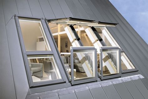 Innovative, large roof window in which the open sashes create a balcony - FAKRO Skylight Balcony, Loft Conversion Balcony, Skylight Window, Balcony Window, Loft Conversions, Attic Loft, Attic Conversion, Extension Ideas, Attic Remodel