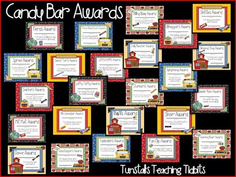 FREE candy awards!  Over 30 different awards with candy sayings in both color and black and white.  Use these awards to praise students, staff, family, church, neighbors, anyone!  This blog post shows how to make the last day of school a red carpet event with these candy bar awards for end of the year awards!  To learn more about "Our Last Day in Pictures", visit www.tunstallsteachingtidbits.com Awards For Students, Candy Awards, Candy Sayings, Candy Bar Awards, Testing Encouragement, Bar Quotes, Academic Awards, Penny Candy, School Awards