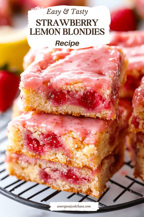 Strawberry Lemon Blondies are a delicious treat that beautifully balances the sweetness of strawberries with the zesty brightness of lemons. These soft, chewy bars are ideal for any occasion! Unlike cookies, bars and brownies are quicker to make and are the perfect dessert to bring to gatherings. This Strawberry Lemon Blondie recipe is bursting with Strawberry Lemonade Blondies, Strawberry Blondies Recipe, Strawberry Lemon Blondies, Lemon Blondies, Cake Boss Recipes, Chewy Bars, Blondie Recipe, Cookies Bars, Brownie Cupcakes