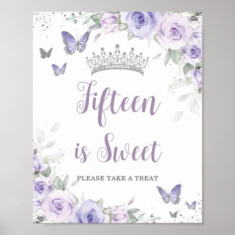 Lavender Sweet 16 Decorations, Quince Decorations Purple, Purple Sweet 16 Decorations, Lavender Quinceanera Decorations, Lavender Quinceanera Ideas, Purple Quinceanera Theme, Candy Bar Poster, Lavender Quinceanera, Quinceanera Guest Book