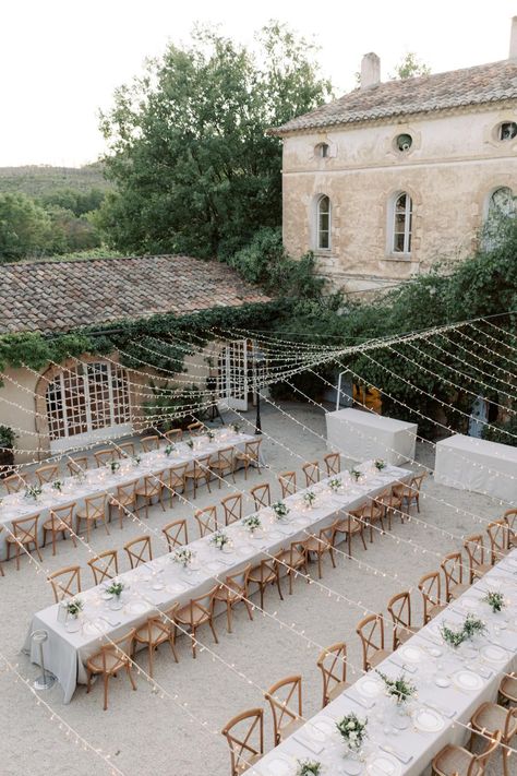 You Have to See This Romantic French Chateau Wedding Dripping in Strings of Fairy Lights French Chateau Weddings, French Chateau Wedding, Courtyard Wedding, Romantic Wedding Receptions, Rustic Wedding Decorations, Chateau Wedding, France Wedding, Tuscany Wedding, French Chateau