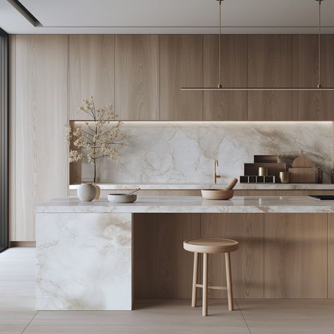 Big Modern Kitchen Design Luxury, Soft Neutral Kitchen, Kitchen I Shape, Light Wood And Marble Kitchen, We Work Kitchen, Kitchen Mood Board Modern, Real Kitchen Ideas, Neutral Contemporary Kitchen, Wood Kitchen Ideas Modern