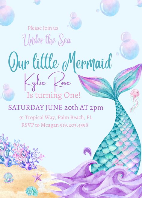 Mermaid Party Invitations Free, Mermaid Birthday Invitation Card, Mermaid Birthday Theme Decorations, Mermaid Party Invite, Mermaid Theme Decor, Mermaid Birthday Party Invitations Free Printable, Mermaid Decorations Party, 1st Birthday Mermaid Theme, Mermaid Invitation Card