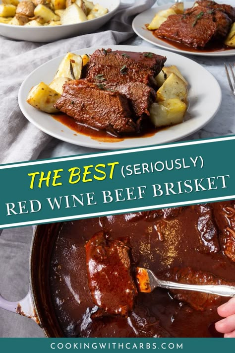 Click the recipe to learn the 3 KEY tips for the juiciest braised beef brisket. This Red Wine Braised Beef Brisket is tender, juicy, and full of flavour. The acidity of the tomato paste is beautifully complimented by the berry notes of the red wine, and the hint of sweetness from the brown sugar. When combined with the garlic and herbs, the sauce becomes the perfect braising liquid for a juicy cut of flavourful brisket that will melt in your mouth. Braising Liquid, Red Wine Braised Beef, Wine Braised Beef, Braised Beef Brisket, Braised Steak, Red Wine Beef, Lodge Christmas, Red Wine Recipe, Braised Brisket